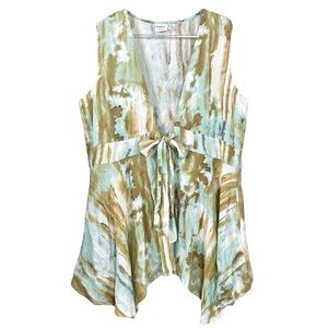 Simple Suzanne Betro Tie Dye Wrap Tie Boho Lightweight Top Aqua Tan White Size L